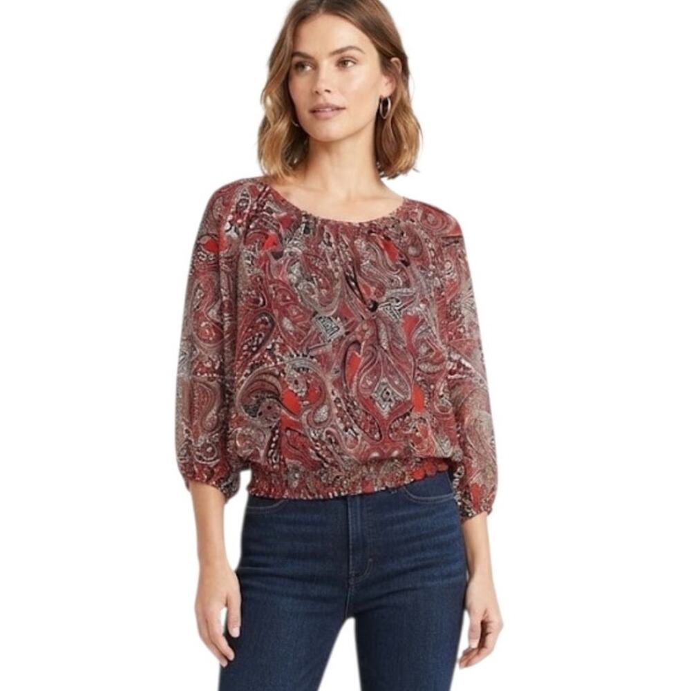 C.D. PETITES Bohemian Style Blouse Paisley Flowy Fall Chiffon Plus Size 1X